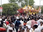 Pune, India - July 7, 2018: Dnyaneshwar Tukaram Maharaj palkhi sohda in Pune, India, on Saturday, July 7, 2018. (Photo by Rahul Raut/HT PHOTO)