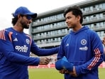 Vaibhav Sooryavanshi receiving his international cap from Tilak Varma.