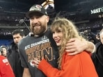 FILE - Kansas City Chiefs tight end Travis Kelce and Taylor Swift walk together after an AFC Championship NFL football game between the Chiefs and the Baltimore Ravens, Jan. 28, 2024, in Baltimore. (AP Photo/Julio Cortez, File)