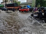 Thane, India - July -03, 2026: Heavy rainfall continues across Thane city. Waterlogging has been reported on Ghodbunder Road, causing traffic to slow down, and motorists are seen driving their vehicles through the flooded roads ,in Thane ,in Mumbai, India, on, Friday, July -03, 2026. ( photo by Praful Gangurde / Hindustan Times ) (praful Gangurde)