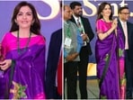 Nita Ambani stuns in a regal purple and pink silk saree as she receives AAPI Humanitarian Award.