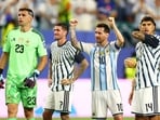 Emiliano Martinez (No. 23), Rodrigo De Paul (No. 7), Lionel Messi (No. 10) and Exequiel Palacios (No. 14) celebrate after Argentina’s win.