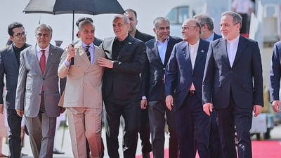 File photo of Iran's President Masoud Pezeshkian, center, walks with Pakistan's President Asif Ali Zardari, second right, and Prime Minister Shehbaz Sharif, left, upon his arrival at Nur Khan airbase in Rawalpindi, Pakistan. (AP) File photo of Iran's President Masoud Pezeshkian, center, walks with Pakistan's President Asif Ali Zardari, second right, and Prime Minister Shehbaz Sharif, left, upon his arrival at Nur Khan airbase in Rawalpindi, Pakistan. (AP)
