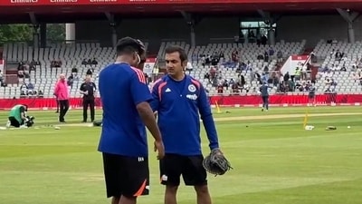 Sanju Samson and Gautam Gambhir having a chat after the toss in 2nd T20I. (X images) Sanju Samson and Gautam Gambhir having a chat after the toss in 2nd T20I. (X images)