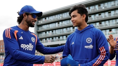 Vaibhav Sooryavanshi receiving his international cap from Tilak Varma. (BCCI X) Vaibhav Sooryavanshi receiving his international cap from Tilak Varma. (BCCI X)