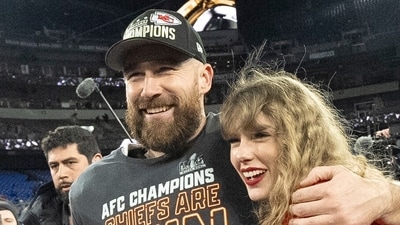FILE - Kansas City Chiefs tight end Travis Kelce and Taylor Swift walk together after an AFC Championship NFL football game between the Chiefs and the Baltimore Ravens, Jan. 28, 2024, in Baltimore. (AP Photo/Julio Cortez, File) (AP Photo/Julio Cortez) FILE - Kansas City Chiefs tight end Travis Kelce and Taylor Swift walk together after an AFC Championship NFL football game between the Chiefs and the Baltimore Ravens, Jan. 28, 2024, in Baltimore. (AP Photo/Julio Cortez, File) (AP Photo/Julio Cortez)