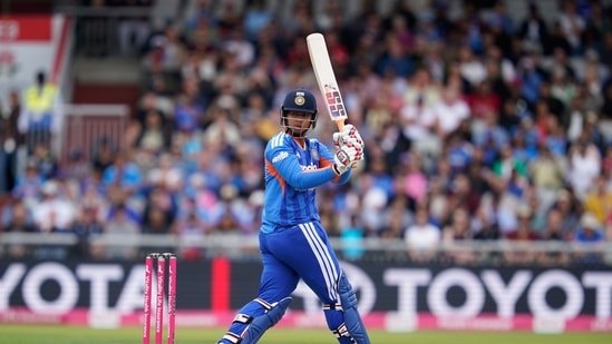 Vaibhav Sooryavanshi during his debut knock vs England in Manchester. (AP Photo/Dave Thompson)