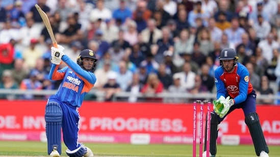 Abhishek Sharma played some big shots in the powerplay. He scored 43 off 24 balls.(AP Photo/Dave Thompson)