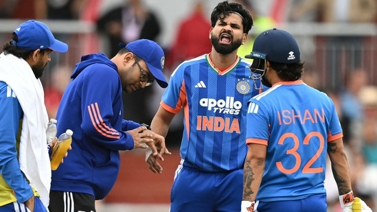 Shreyas Iyer was injured by a rising Josh Tongue delivery. But he batted bravely for his 37 off 22 balls.(AFP)