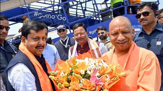 Chief minister Yogi Adityanath greets BJP national president Nitin Nabin in Lucknow on Saturday. (ANI PHOTO)