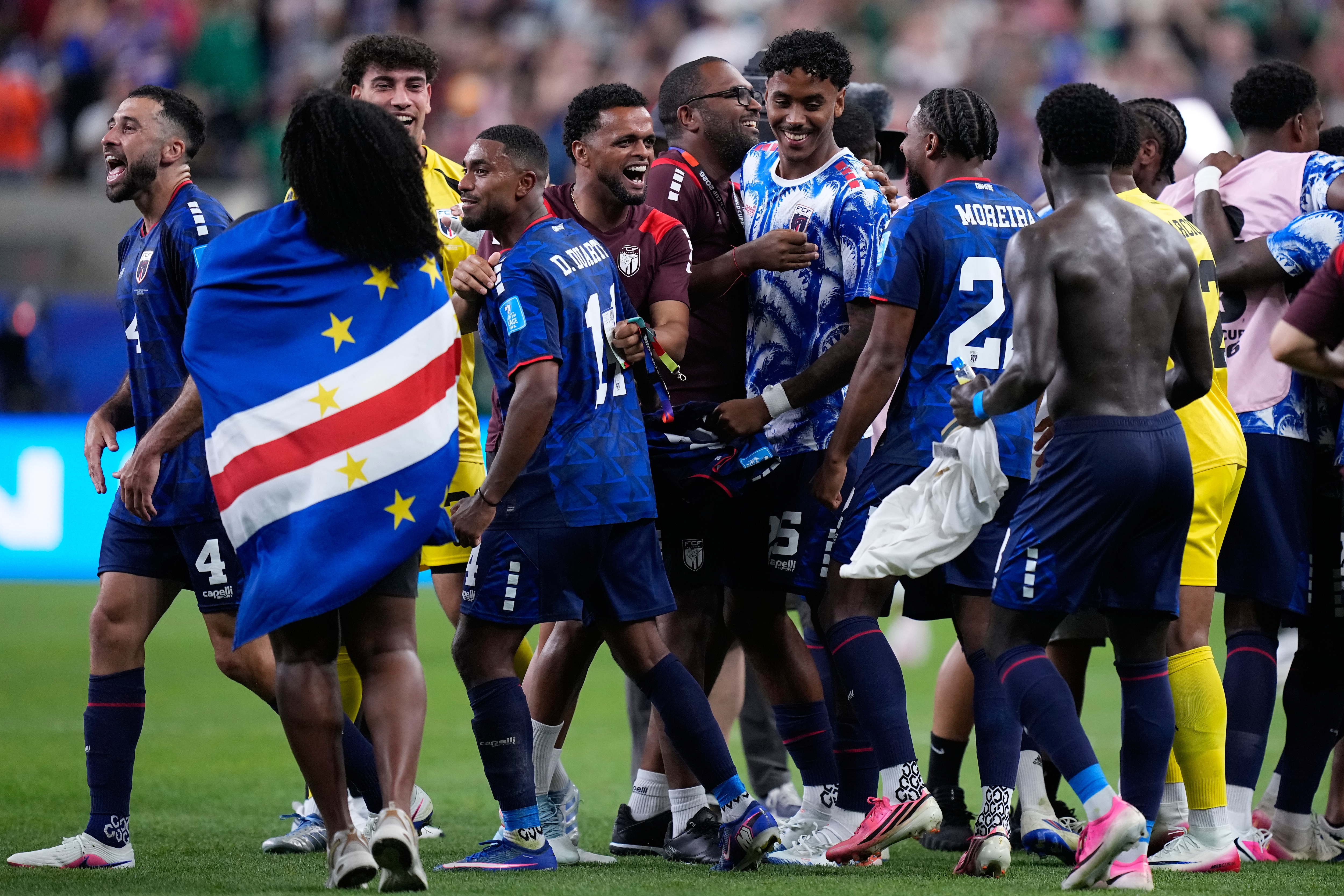Cape Verde team members celebrate after the World Cup Group H soccer match between Cape Verde and Saudi Arabia in Houston on June 26, 2026. (File/AP) Cape Verde team members celebrate after the World Cup Group H soccer match between Cape Verde and Saudi Arabia in Houston on June 26, 2026. (File/AP)