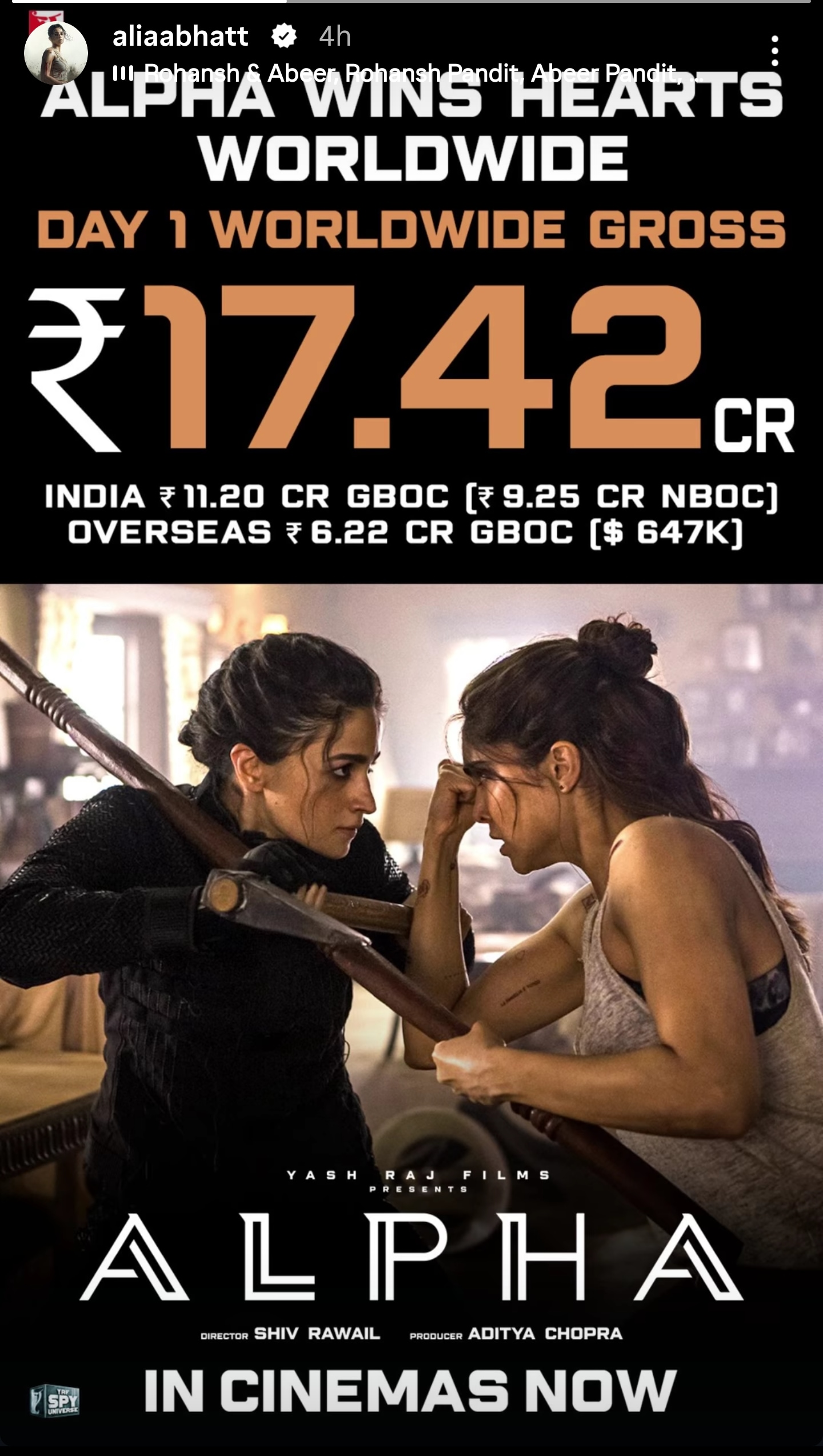 Alia Bhatt posted Alpha's opening day figures. Alia Bhatt posted Alpha's opening day figures.