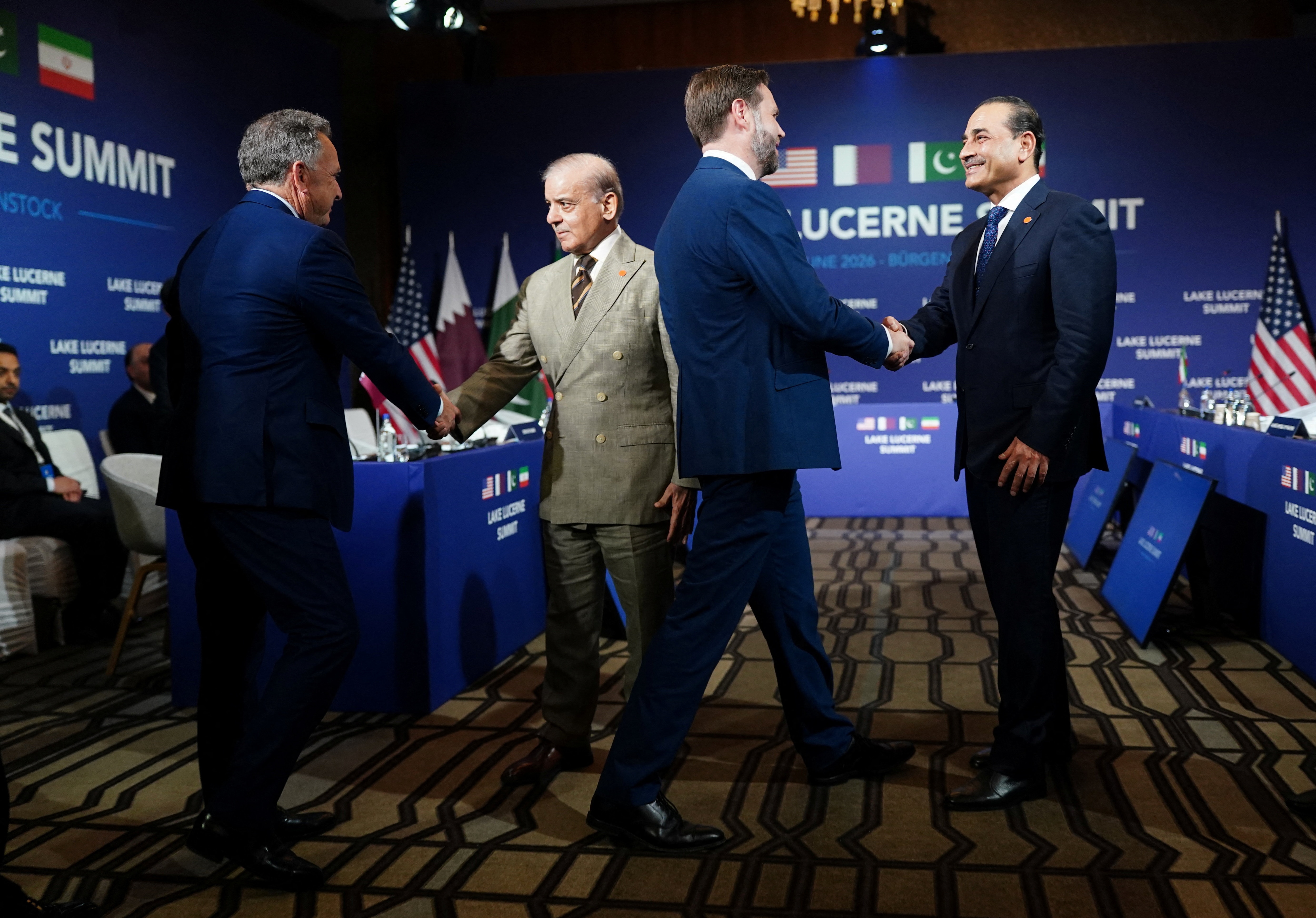 US Vice President JD Vance, Trump's special envoy Steve Witkoff, Pakistan's Prime Minister Shehbaz Sharif, and Pakistan's Chief of Army Staff Field Marshal Asim Munir at a quadrilateral meeting between the US, Iran, Pakistan, and Qatar at the Lake Lucerne Summit. (REUTERS)