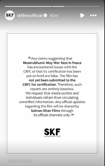 Salman Khan Films's statement on Maatrubhumi. Salman Khan Films's statement on Maatrubhumi.