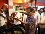 AAP convener Arvind Kejriwal paying obeisance at the historic Maruti Temple in Panaji, Goa, on Saturday. HT photo