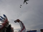 Air Force One, along with other military plane flyover at a Salute to America Independence Day event, Saturday, July 4, 2026, on the National Mall in Washington. (AP Photo/Julia Demaree Nikhinson)