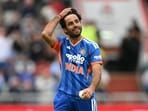 Ravi Bishnoi reacts after bowling two no-balls in an over during the second T20I.