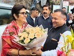 Himachal Pradesh Congress committee chief Vinay Kumar welcoming state party in-charge Rajani Patil in Shimla on Saturday. (Deepak Sansta/HT) Himachal Pradesh Congress committee chief Vinay Kumar welcoming state party in-charge Rajani Patil in Shimla on Saturday. (Deepak Sansta/HT)