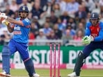 India's Ishan Kishan plays a shot during the second T20I against England at the Old Trafford ground on Saturday. (AP)