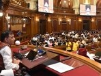 Speaker Satish Mahana during the Young India Parliament-2026 at UP assembly, in Lucknow on Sunday (HT)
