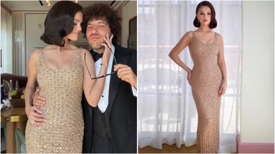Selena Gomez brought old-Hollywood glamour to Taylor Swift and Travis Kelce's wedding, dazzling in a champagne-gold embellished gown with a figure-hugging silhouette and delicate fringe detailing. (Instagram)