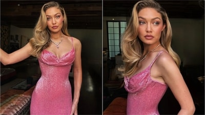 Gigi Hadid embraced Barbiecore glamour in a sparkly pink bodycon gown from Wiederhoeft's Spring/Summer 2025 collection. (Instagram)