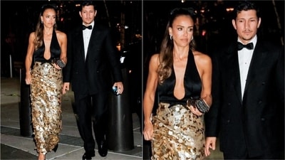 Jessica Alba looked effortlessly chic in a Prada dress paired with Gabriel &amp; Co. jewellery, while Danny Ramirez kept it classic in a Canali tuxedo. (Instagram)