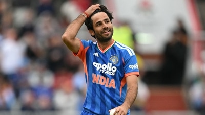 Ravi Bishnoi reacts after bowling two no-balls in an over during the second T20I. (AFP) Ravi Bishnoi reacts after bowling two no-balls in an over during the second T20I. (AFP)