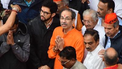 Mumbai, India – 05 July 2026: Shiv Sena (UBT) chief Uddhav Thackeray, along with Aditya Thackeray and Shiv Sena activists, performed the Ram Raksha Maha Aarti at Dadar Hanuman Mandir today to condemn the alleged Ayodhya Ram Mandir scam, in Mumbai, India, on Sunday, 05 July 2026. (Photo by Bhushan Koyande/HT Photo) Mumbai, India – 05 July 2026: Shiv Sena (UBT) chief Uddhav Thackeray, along with Aditya Thackeray and Shiv Sena activists, performed the Ram Raksha Maha Aarti at Dadar Hanuman Mandir today to condemn the alleged Ayodhya Ram Mandir scam, in Mumbai, India, on Sunday, 05 July 2026. (Photo by Bhushan Koyande/HT Photo)