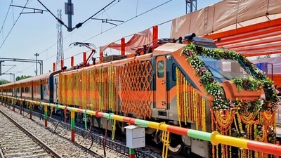 In this image posted on June 21, 2026, a Jaipur (Khatipura)-Darbhanga Amrit Bharat Express train stands ready for launch. (@RailMinIndia)