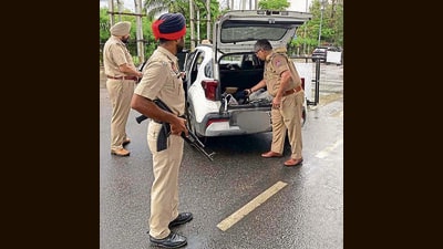 Police checking a car in Ludhiana on Sunday. (HT Photo) Police checking a car in Ludhiana on Sunday. (HT Photo)