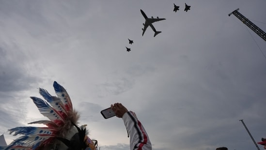 Air Force One, along with other military plane flyover at a Salute to America Independence Day event, Saturday, July 4, 2026, on the National Mall in Washington. (AP Photo/Julia Demaree Nikhinson) (AP Photo/Julia Demaree Nikhinson)