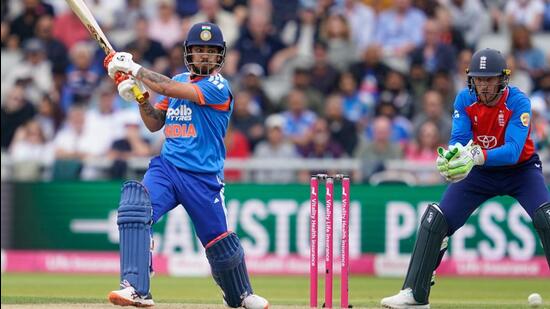India's Ishan Kishan plays a shot during the second T20I against England at the Old Trafford ground on Saturday. (AP)