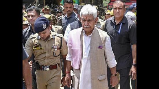 Jammu and Kashmir LG Manoj Sinha during a visit to Nunwan Base Camp, in Pahalgam on Sunday. (@manojsinha_)
