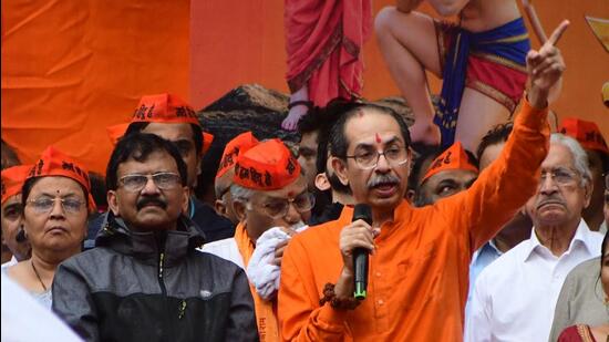 Mumbai, India – 05 July 2026: Shiv Sena (UBT) chief Uddhav Thackeray, along with Aditya Thackeray and Shiv Sena activists, performed the Ram Raksha Maha Aarti at Dadar Hanuman Mandir today to condemn the alleged Ayodhya Ram Mandir scam, in Mumbai, India, on Sunday, 05 July 2026. (Photo by Bhushan Koyande/HT Photo)
