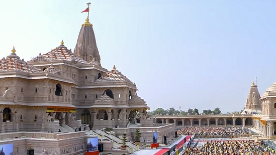 People attend the 'Dhwajarohan' ceremony at the Ram Temple, in Ayodhya, Uttar Pradesh. (X/@NarendraModi)
