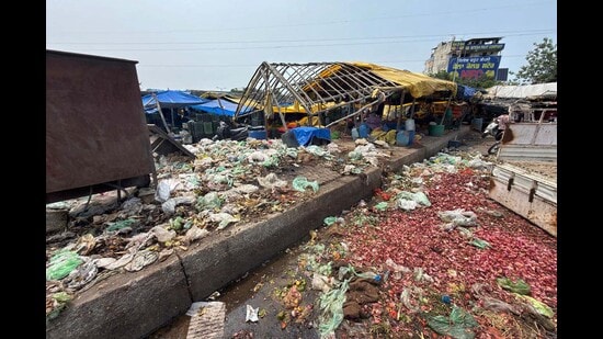 Waste at vegetable market in Ludhiana on Sunday. (Gurpreet Singh/HT)