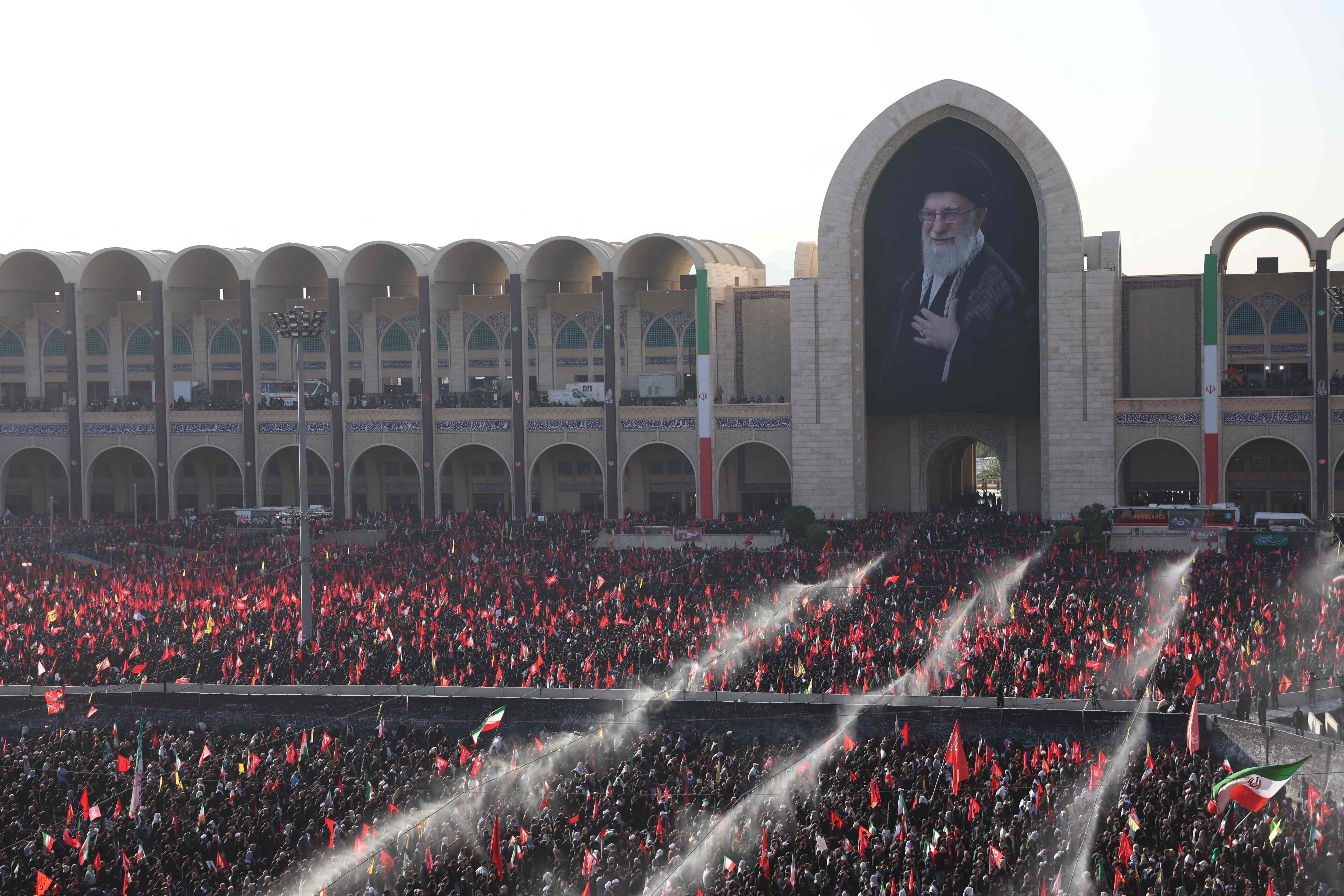 Mourners gather at the Grand Mosalla to pay their final respects to Iran's slain supreme leader Ayatollah Ali Khamenei in Tehran on July 5, 2026. (AFP)