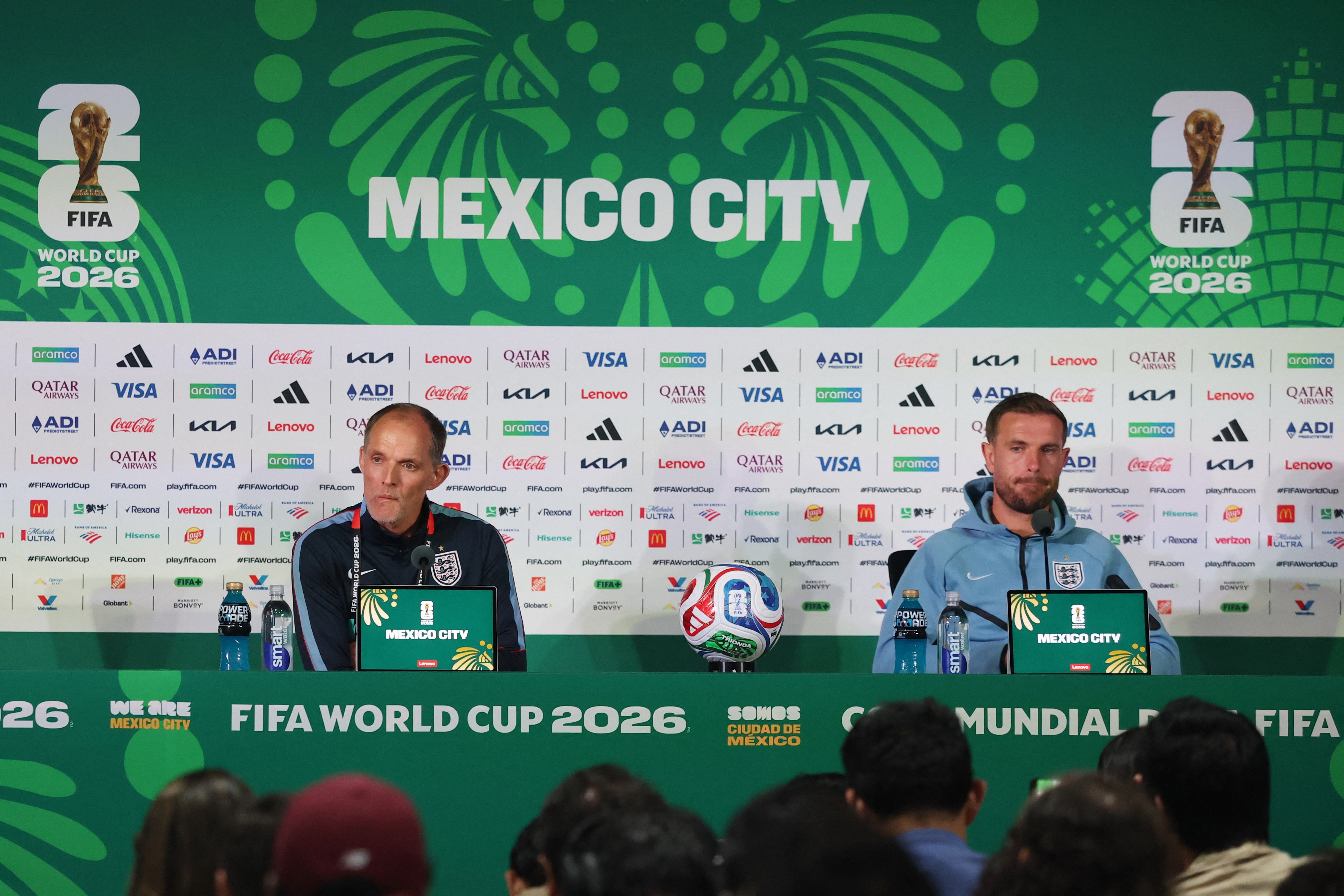 England manager Thomas Tuchel during press conference with England's Jordan Henderson. (Reuters)