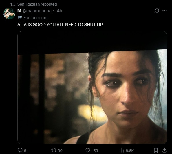 Soni Razdan reposted a fan defending Alia Bhatt's performance. Soni Razdan reposted a fan defending Alia Bhatt's performance.