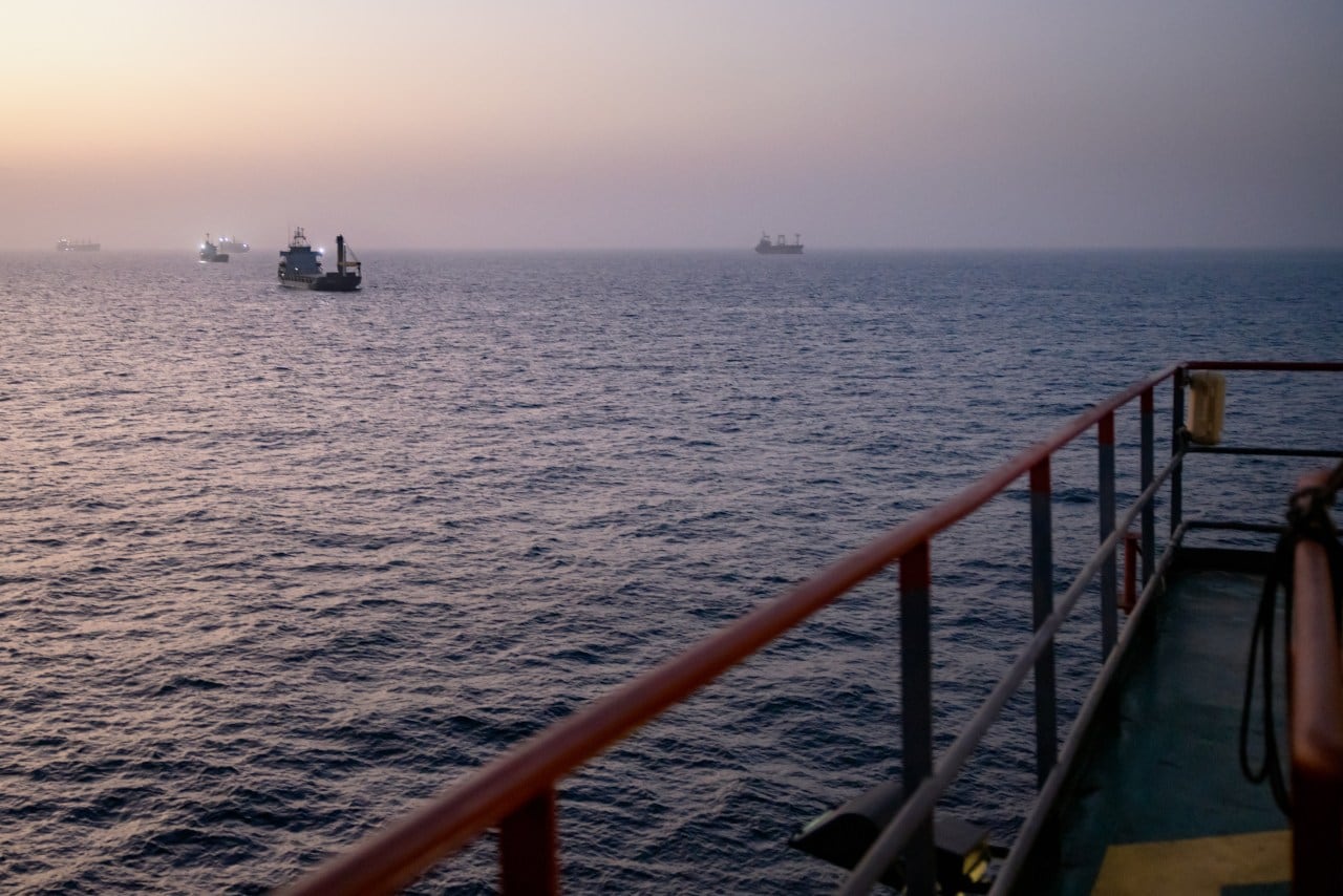 Vessels anchored off the coast of Oman. During the war the U.S. blockade of Iranian ports prevented oil shipments from reaching customers. Vessels anchored off the coast of Oman. During the war the U.S. blockade of Iranian ports prevented oil shipments from reaching customers.