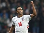 England's midfielder Jude Bellingham celebrates scoring his team's first goal. (AFP photo)