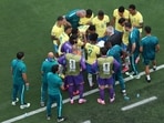 Carlo Ancelotti, Head Coach of Brazil, speaks with his players during a hydration break in the FIFA World Cup 2026 Round of 16 match between Brazil and Norway