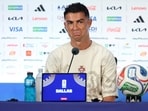 Cristiano Ronaldo #7 of Portugal speaks to the media during the press conference in Dallas