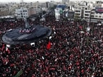 Mourners gather on the day of a funeral procession for Iran's late Supreme Leader Ayatollah Ali Khamenei, who was killed on February 28 in Israeli and US airstrikes, in Tehran.