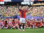 Norway's Erling Haaland celebrates with teammates after defeating Brazil and qualifying for the quarter finals of the FIFA World Cup. (Reuters)