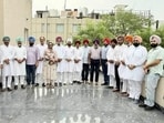 Punjab Congress leaders, including former chief minister Charanjit Singh Channi and deputy CM Sukhjinder Singh Randhawa, after a meeting in Mohali on Monday. (HT Photo)