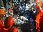 Rescue operations were underway till late into the night in Makhurd after 2-3 slum tenements collapsed amid heavy rain, killing at least five minor children and a 32-year-old woman. (HT Photo)