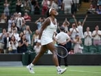 Coco Gauff celebrates after winning her fourth-round match against Switzerland's Belinda Bencic at Wimbledon. (REUTERS)