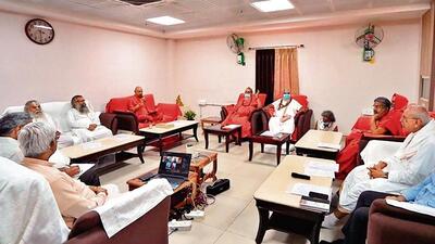 A meeting of the Shri Ram Janmabhoomi Teerth Kshetra Trust underway in Ayodhya on Monday. (VIDEO GRAB)
